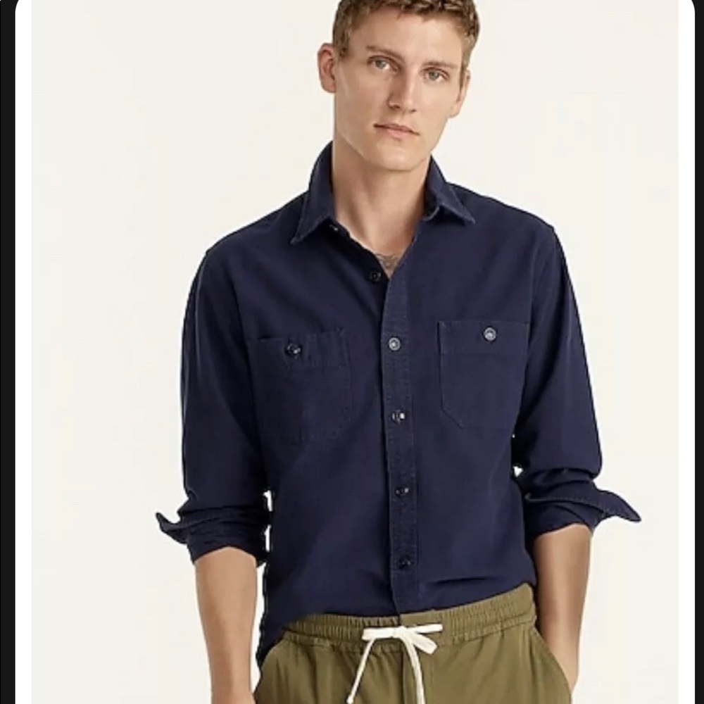 NWT Men’s J.Crew Small Navy Cotton Twill Workshirt Button Up Elbow Patch $80